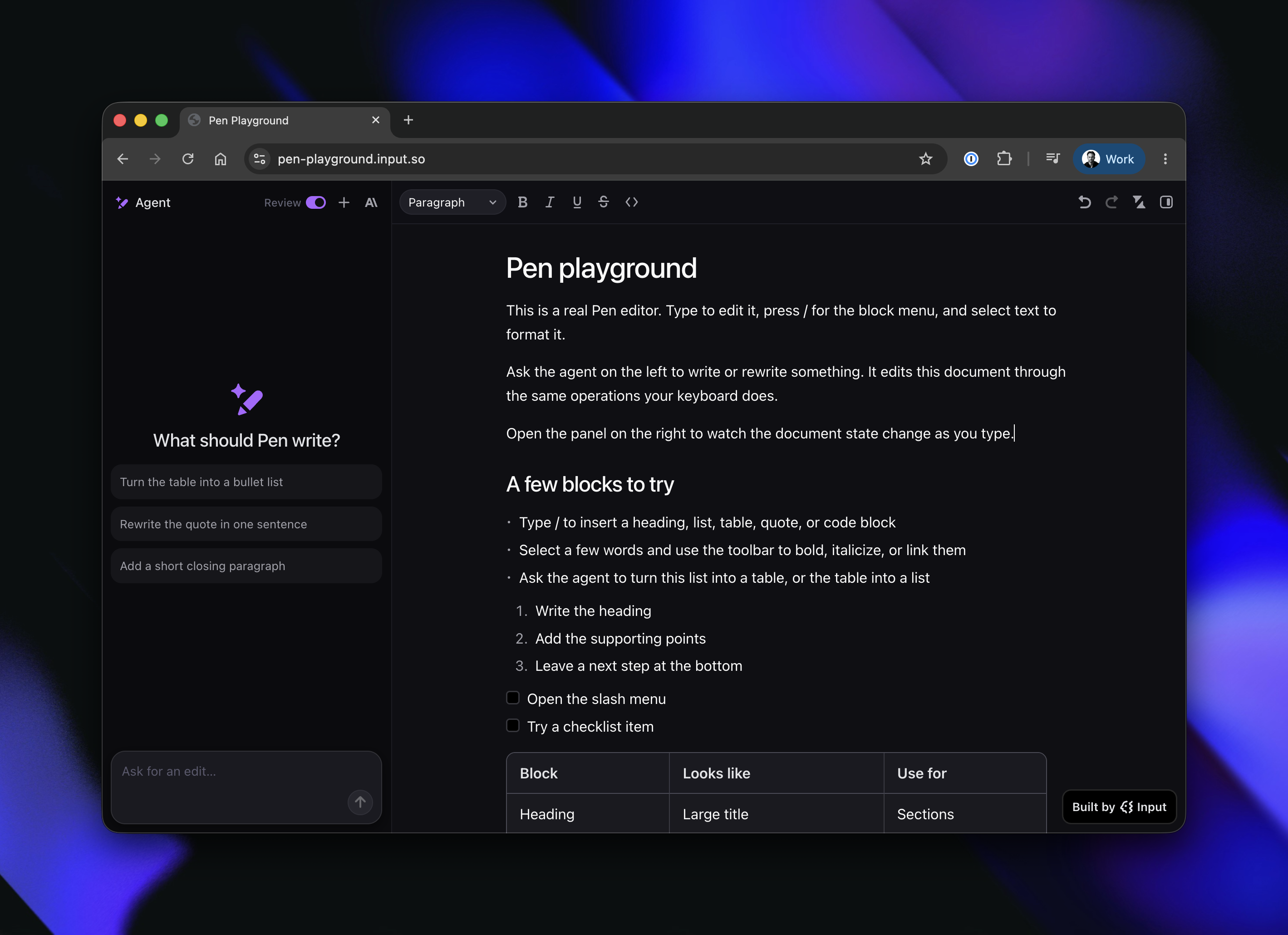 Web preview of the Pen playground